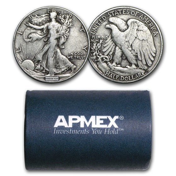 90% Silver Walking Liberty Halves $10 20-Coin Roll Avg Circ 90% Silver Walking Liberty Halves $10 20-Coin Roll Avg Circ